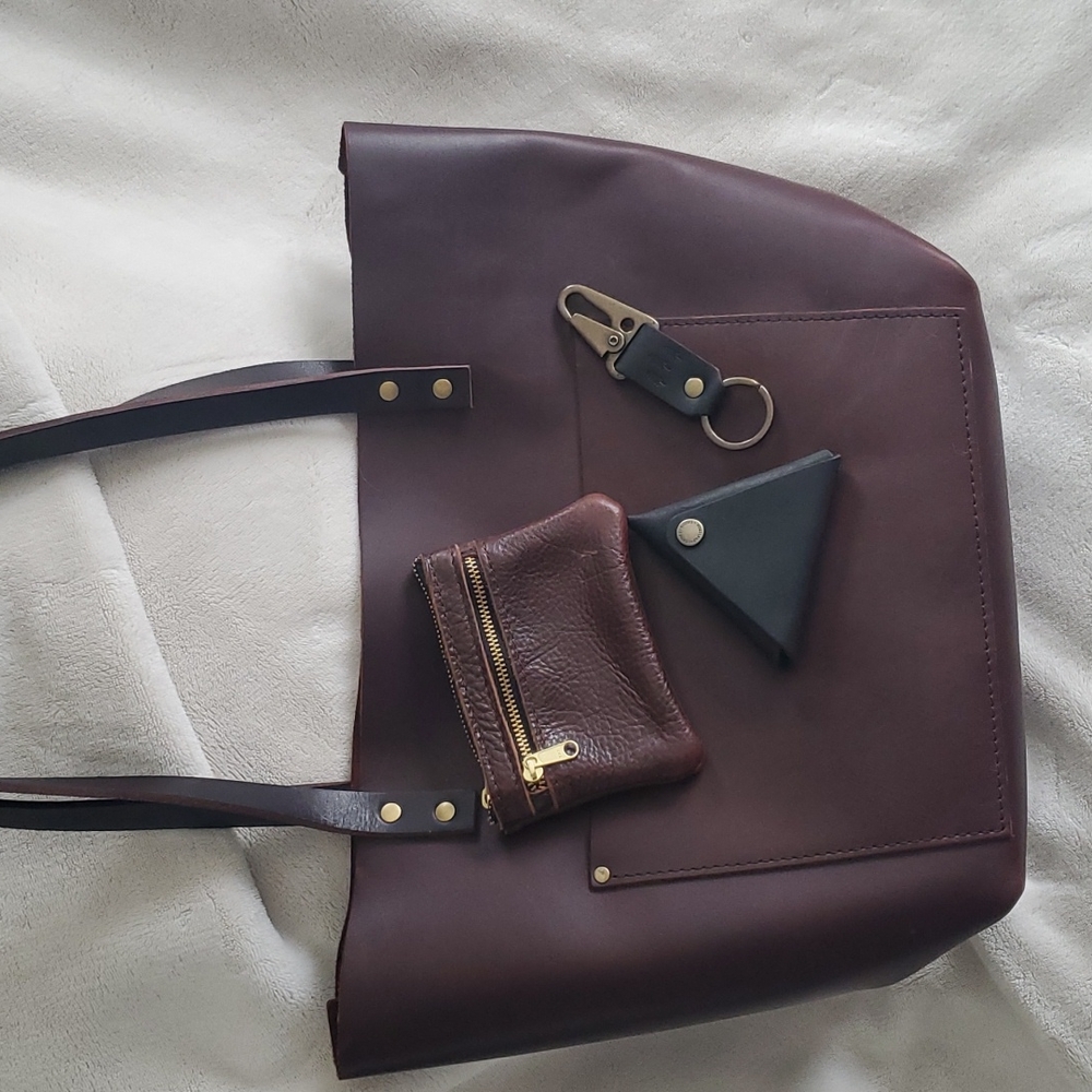 Portland Leather Leather Tote in Cognac with various littles